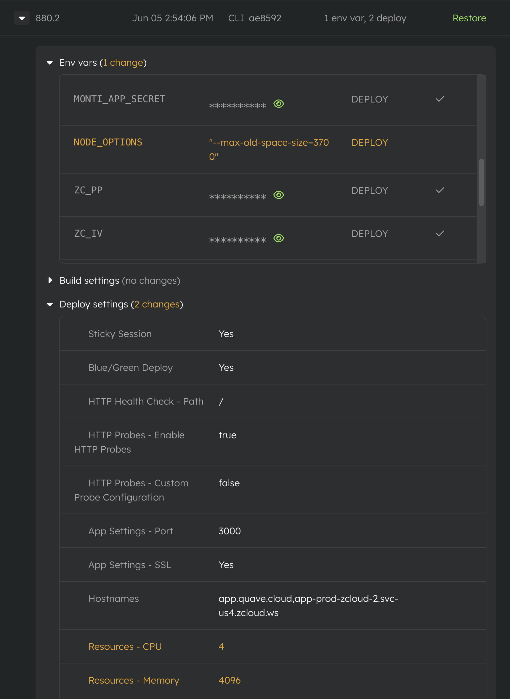 Expanded environment History version showing the exact environment-variable and deploy-setting changes