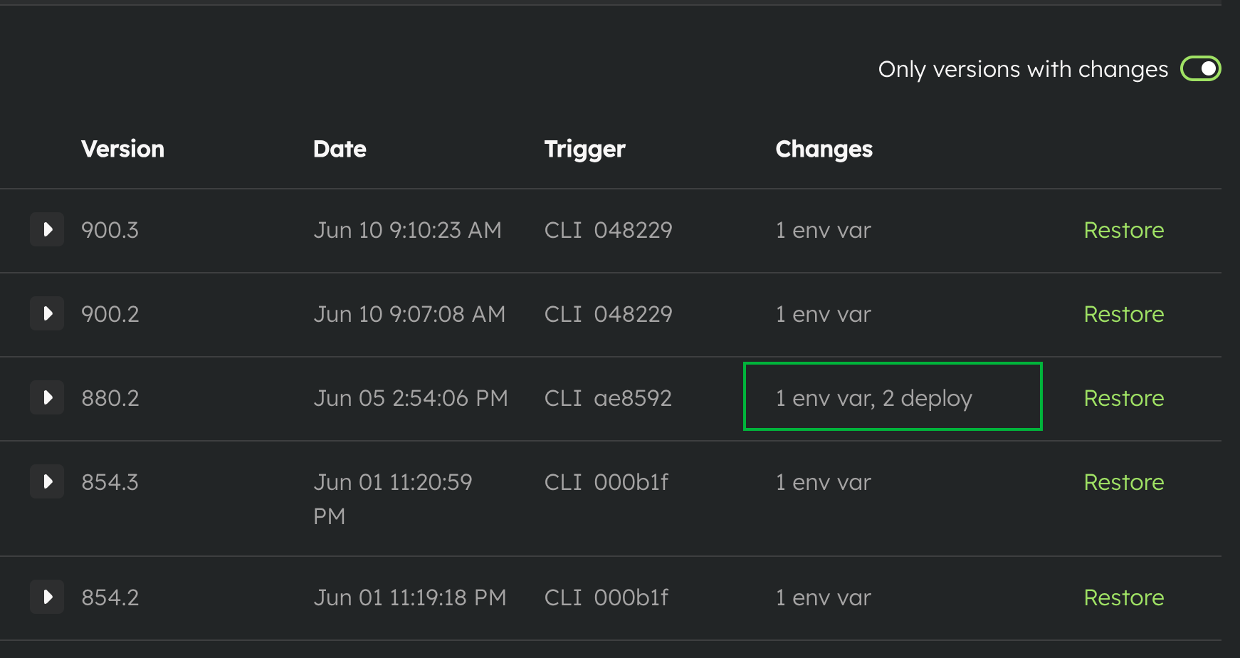 Environment History showing the Only versions with changes filter and a summary of environment-variable and deploy-setting changes