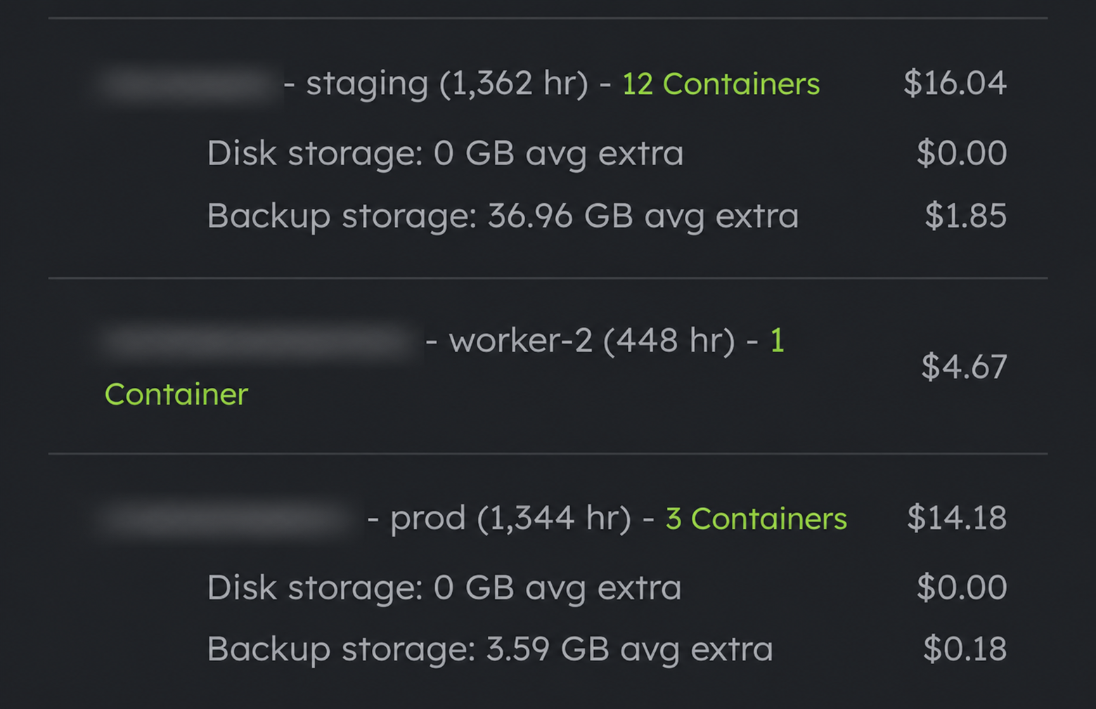 Quave ONE Plans & billing page showing real managed database disk and backup storage overage, with customer and database names blurred