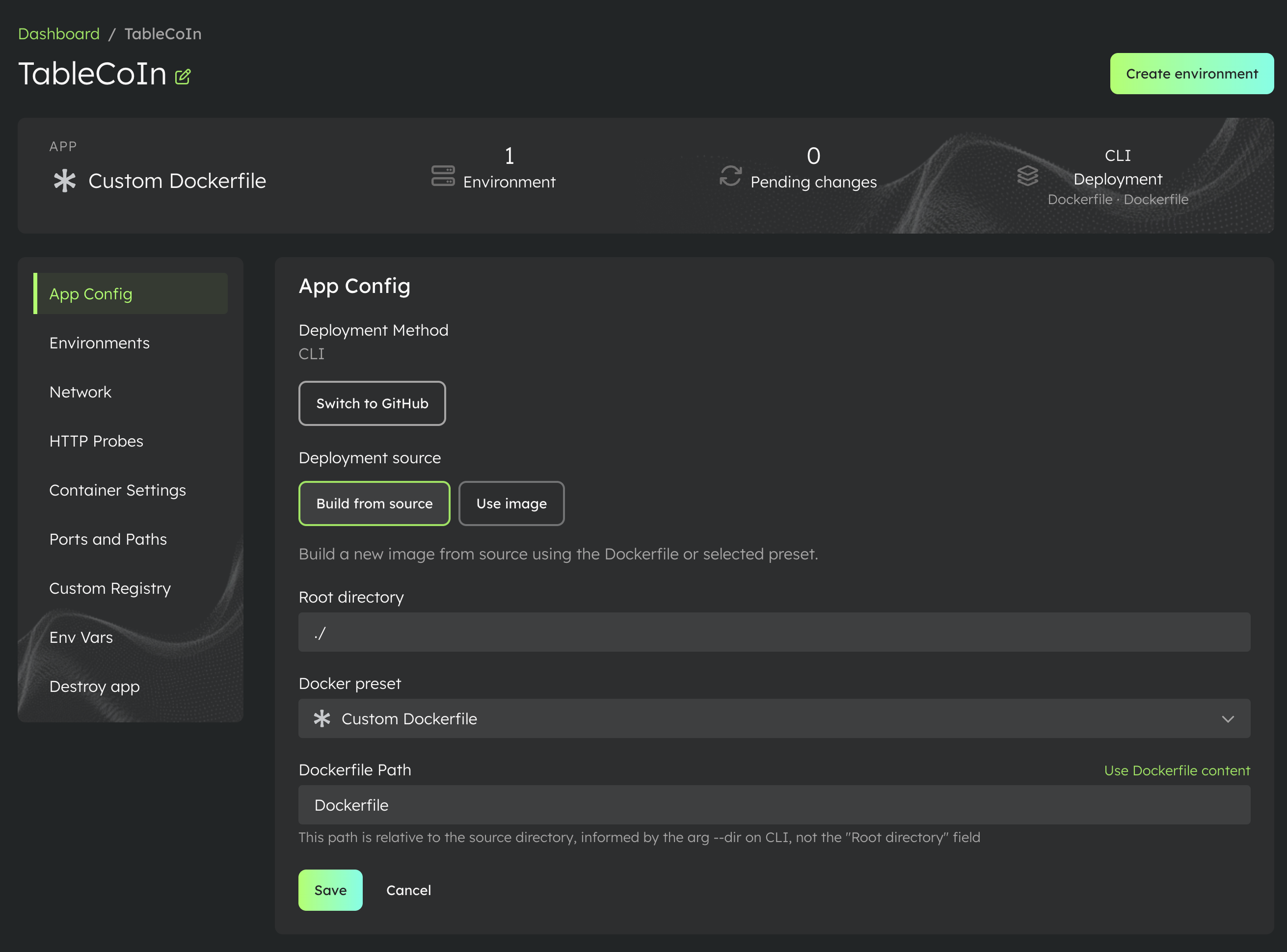 An App with App Config, Environments, Network, HTTP Probes, Container Settings, and other sections in the left sidebar.