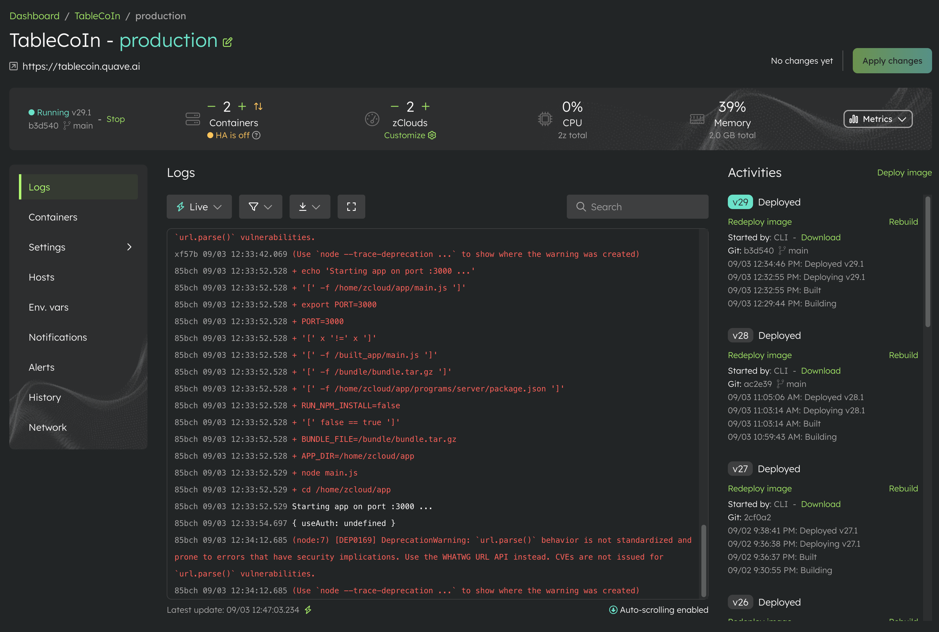An environment with Logs, Containers, Settings, Env. vars, Notifications, Alerts, History, and Network in the left sidebar.