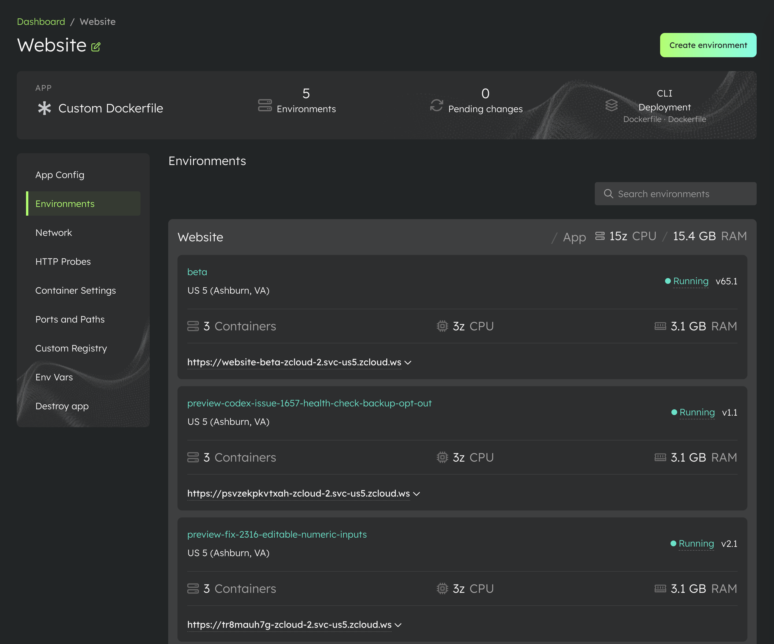 An App with multiple environments and the new environment search field.